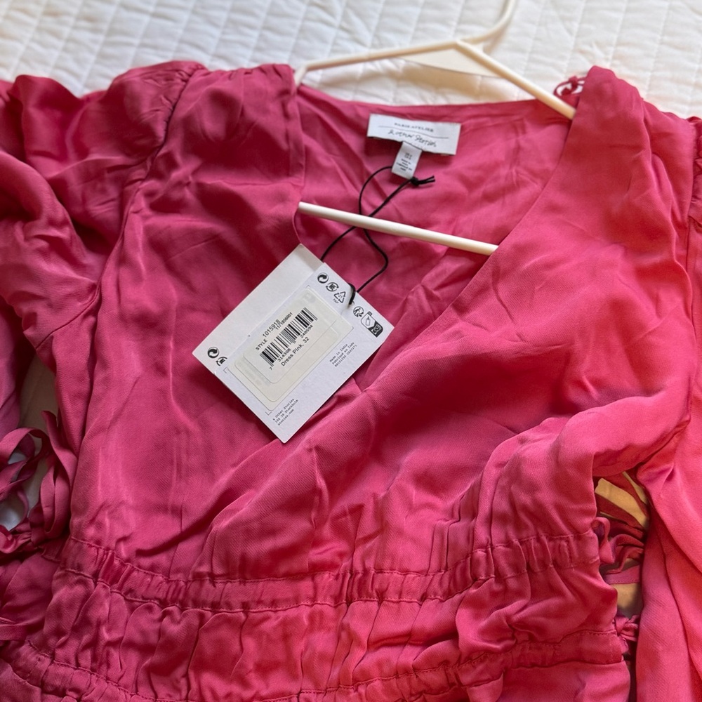 & OTHER STORIES Hot Pink V-Neck Drawstring Waist Mini Dress - Picture 4 of 4